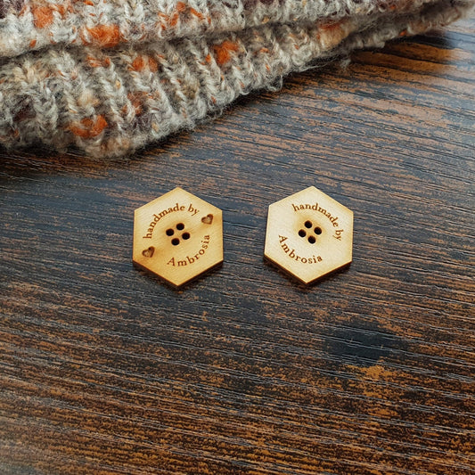 Personalised Hexagonal Buttons, Rustic Wooden Tags, Wooden Buttons, Tags for handmade items, Knitted Projects, custom wood buttons