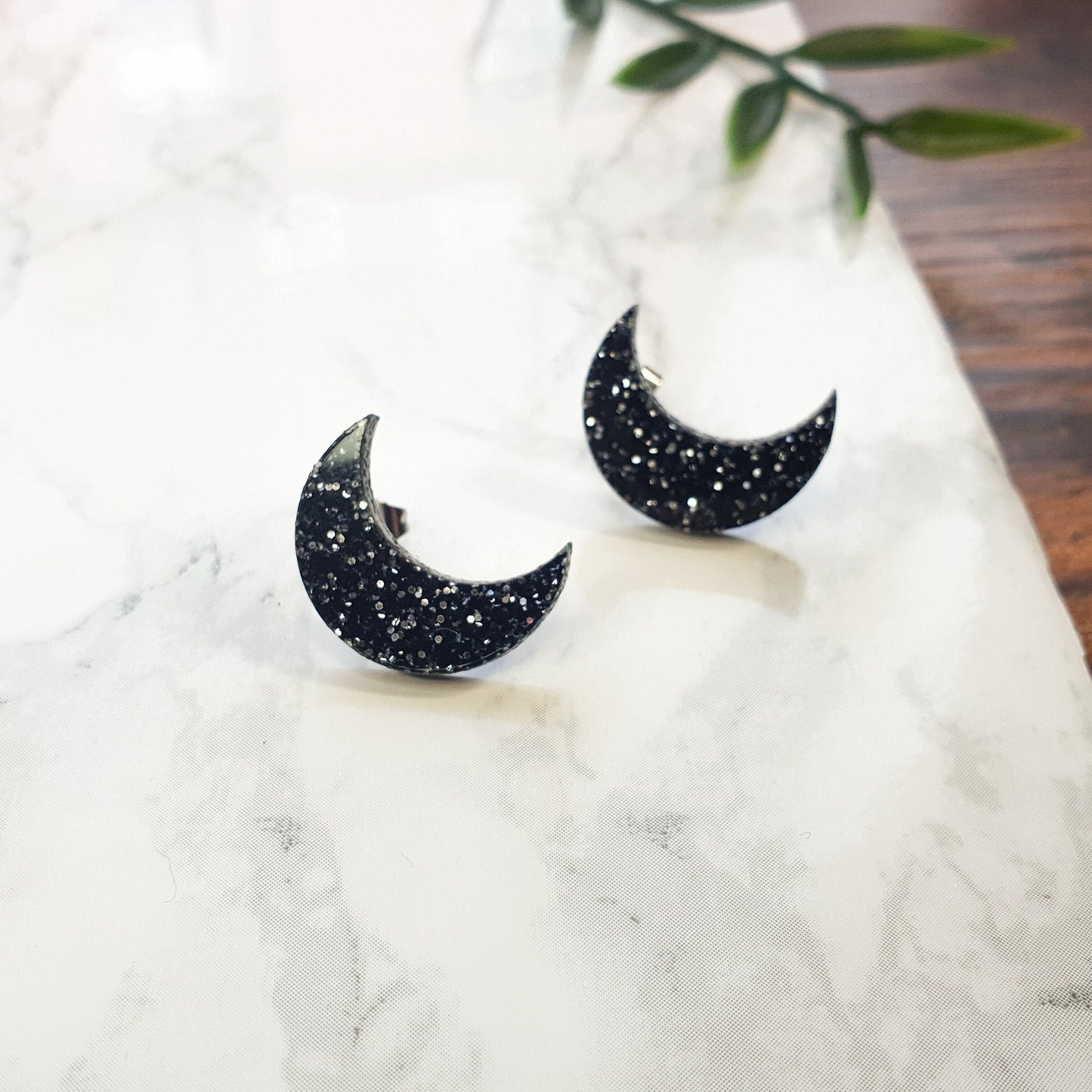 Black Glitter Crescent Moon Earrings, Acrylic Studs - Minimalist, Jewellery for her, Statement Earrings, Lunar