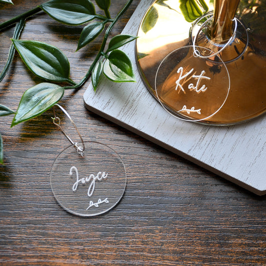 Personalised Wine Glass Charms, Clear Acrylic, Wedding Place Cards, Wedding Party, Favours, Circles, Place settings, Round Table names