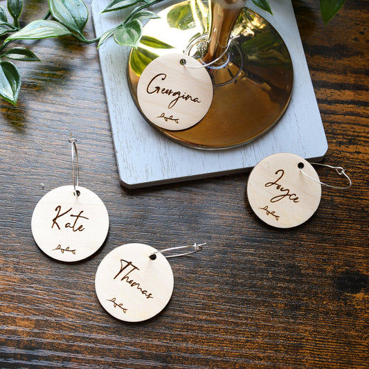 Personalised Wine Glass Charms, Rustic, Wooden Wedding Place Cards, Wedding Party, Favours, Circles, Place settings, Round Table names