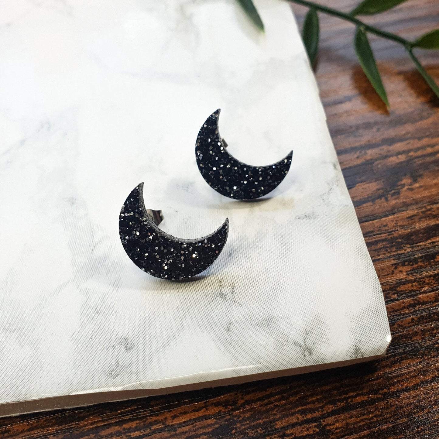 Black Glitter Crescent Moon Earrings, Acrylic Studs - Minimalist, Jewellery for her, Statement Earrings, Lunar