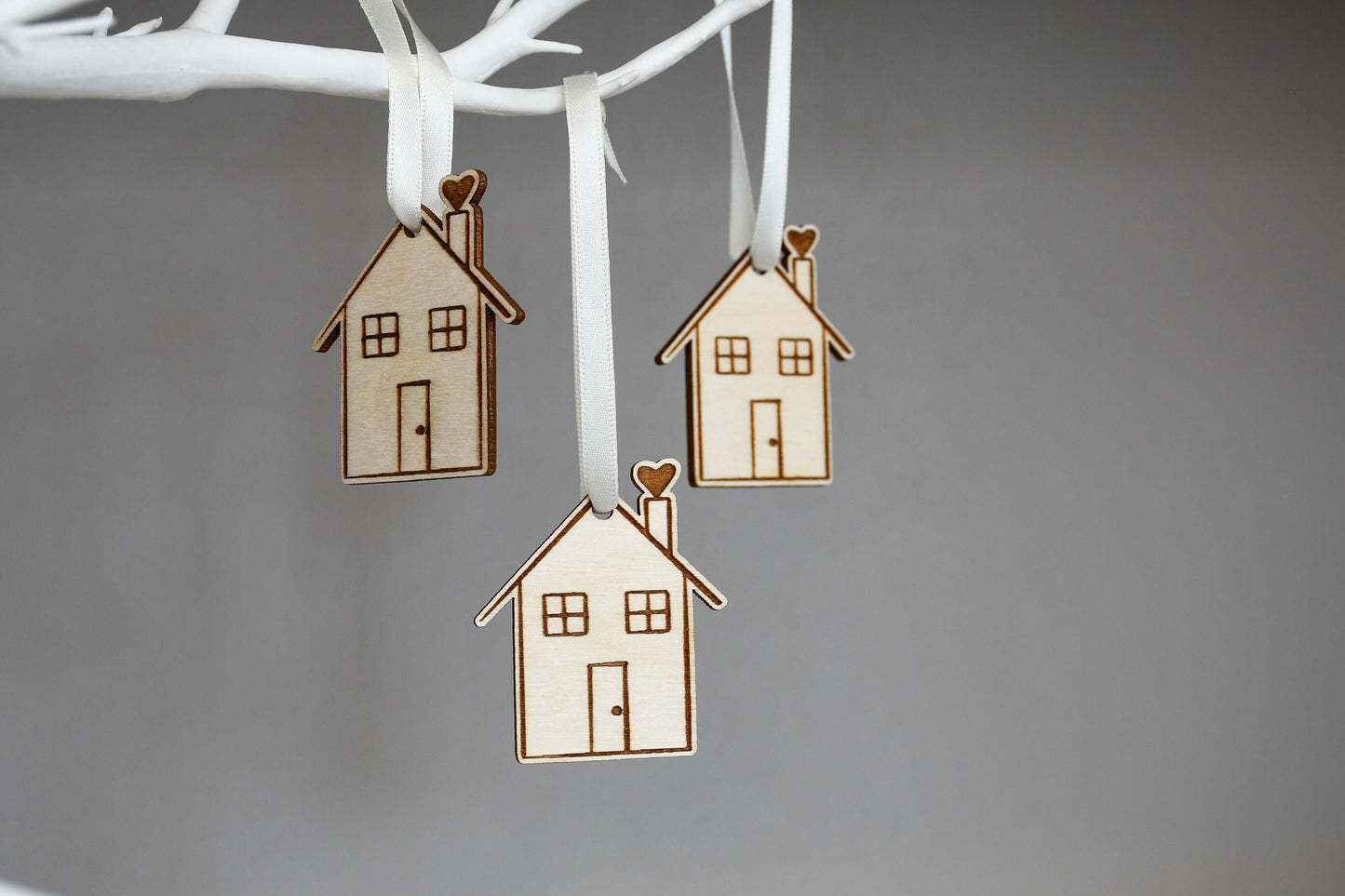 Set of 3 House Baubles - Scandi Decor, New Home Gift, Hanging Decoration, Scandi Christmas, Wooden Christmas 2022 Decoration, Wooden Houses