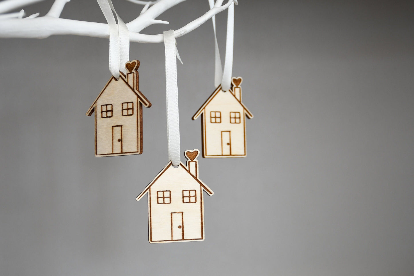 Set of 3 House Baubles - Scandi Decor, New Home Gift, Hanging Decoration, Scandi Christmas, Wooden Christmas 2022 Decoration, Wooden Houses