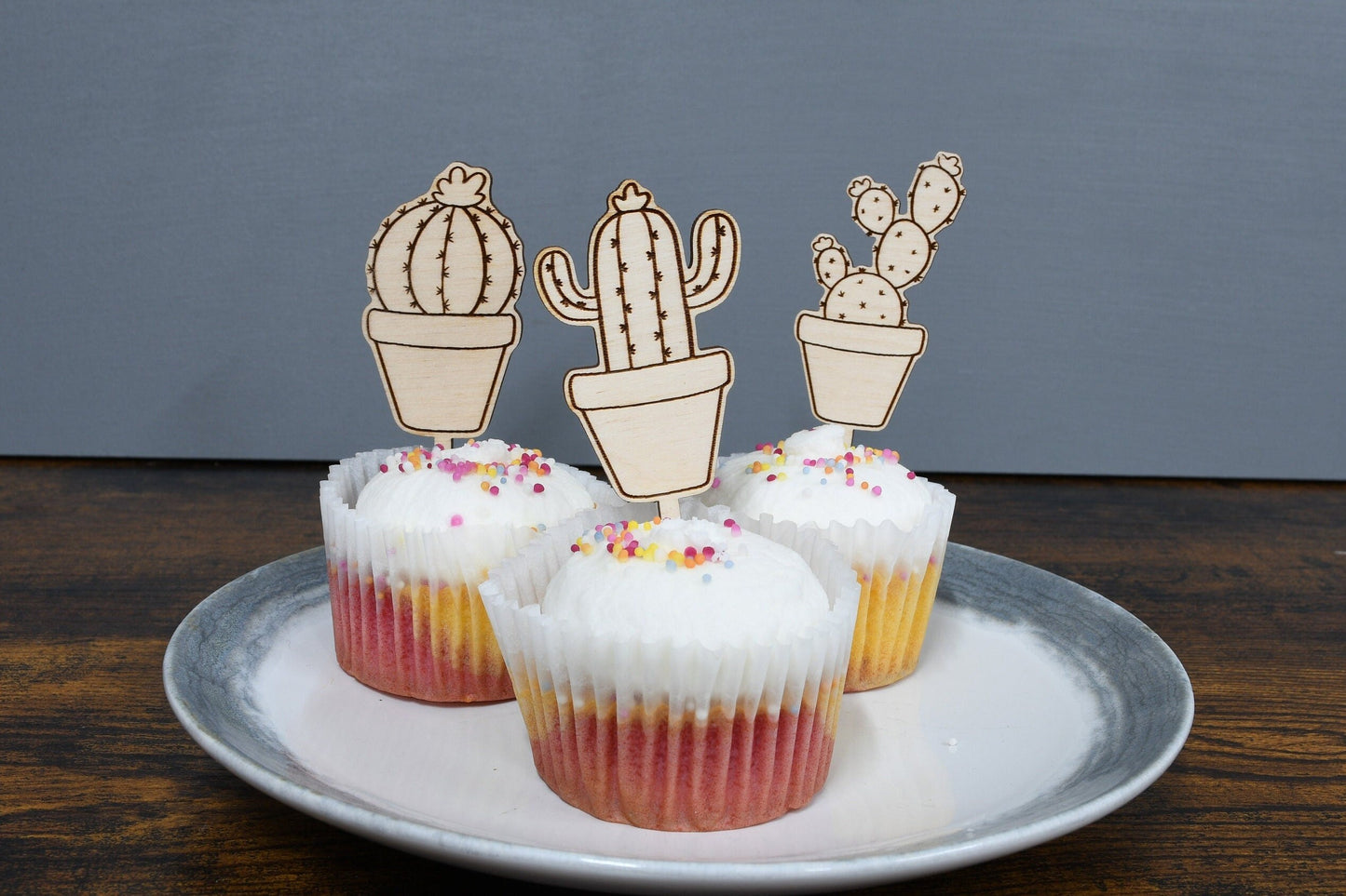 Wooden Cactus Cupcake Toppers - Set of 6 - Rustic Acrylic Topper, Woodland Baby Shower, Natural, boho, Wilderness, Tropical