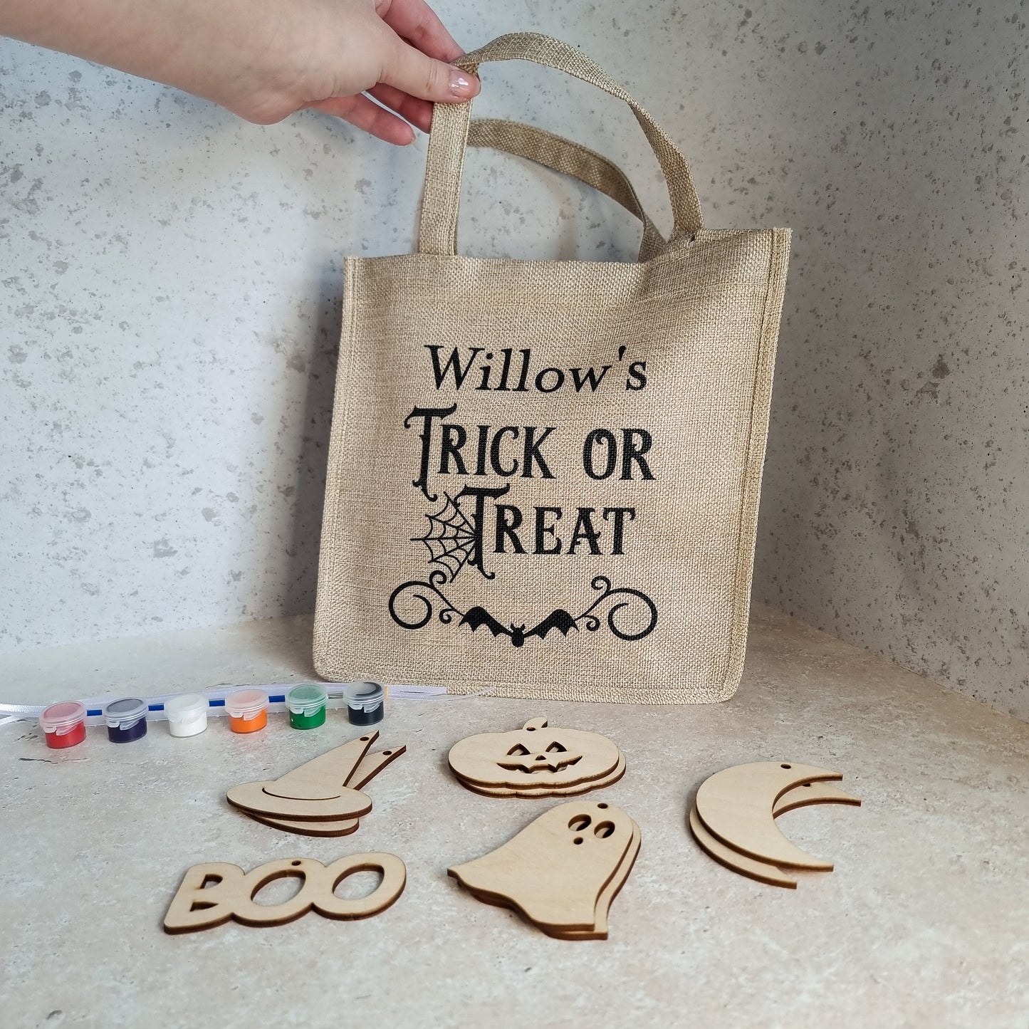 Halloween Craft Kit - Personalised Trick or Treat Bag, with DIY Halloween Decorations, Kids craft activity, Paint your own baubles