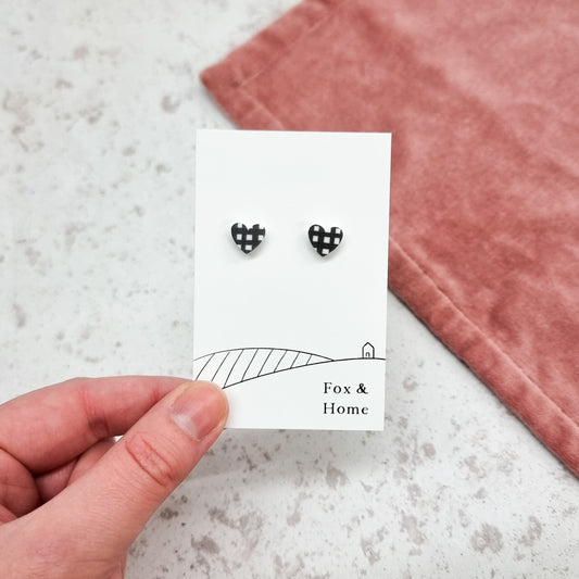 Black and White Plaid Heart Studs - Tiny Heart Earrings, Subtle Statement Earrings, Acrylic Jewellery, Everyday wear